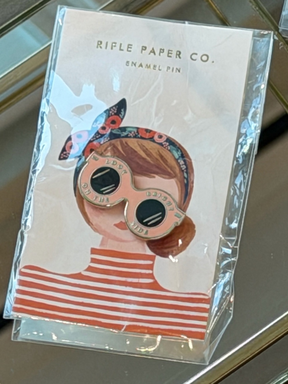 Rifle Paper Co.Sunglasses Pin - Pink wth Gold Lettering and Trim